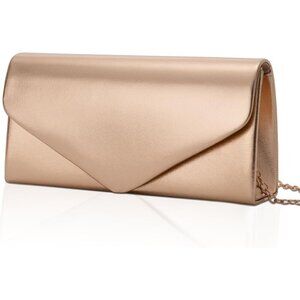 🆕Women Champagne Gold Vegan Leather Evening Clutch Handbag with Chain Strap